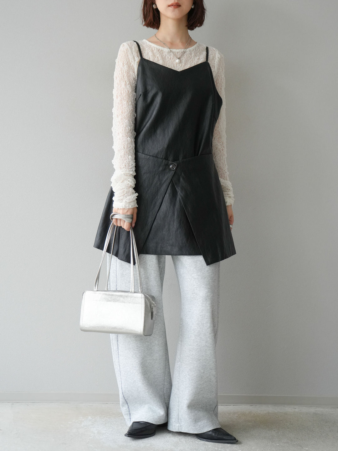 [予約]レイヤードレザーキャミソールチュニック/ブラック