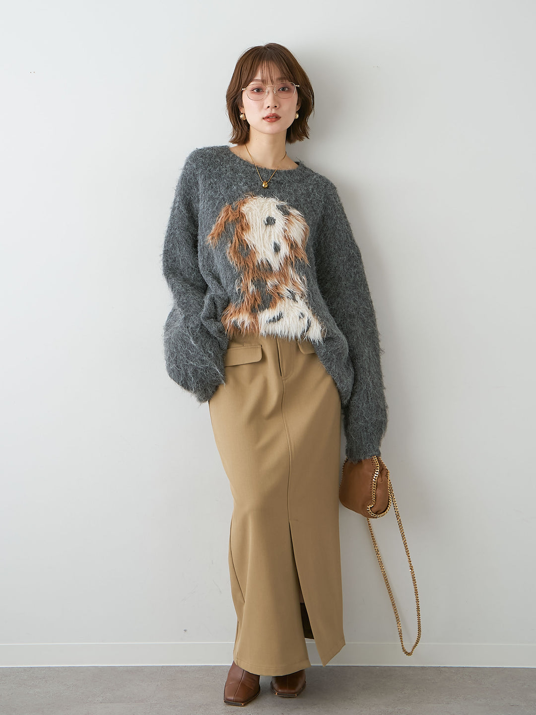 [予約]シャギードッグモチーフニットトップス/gray