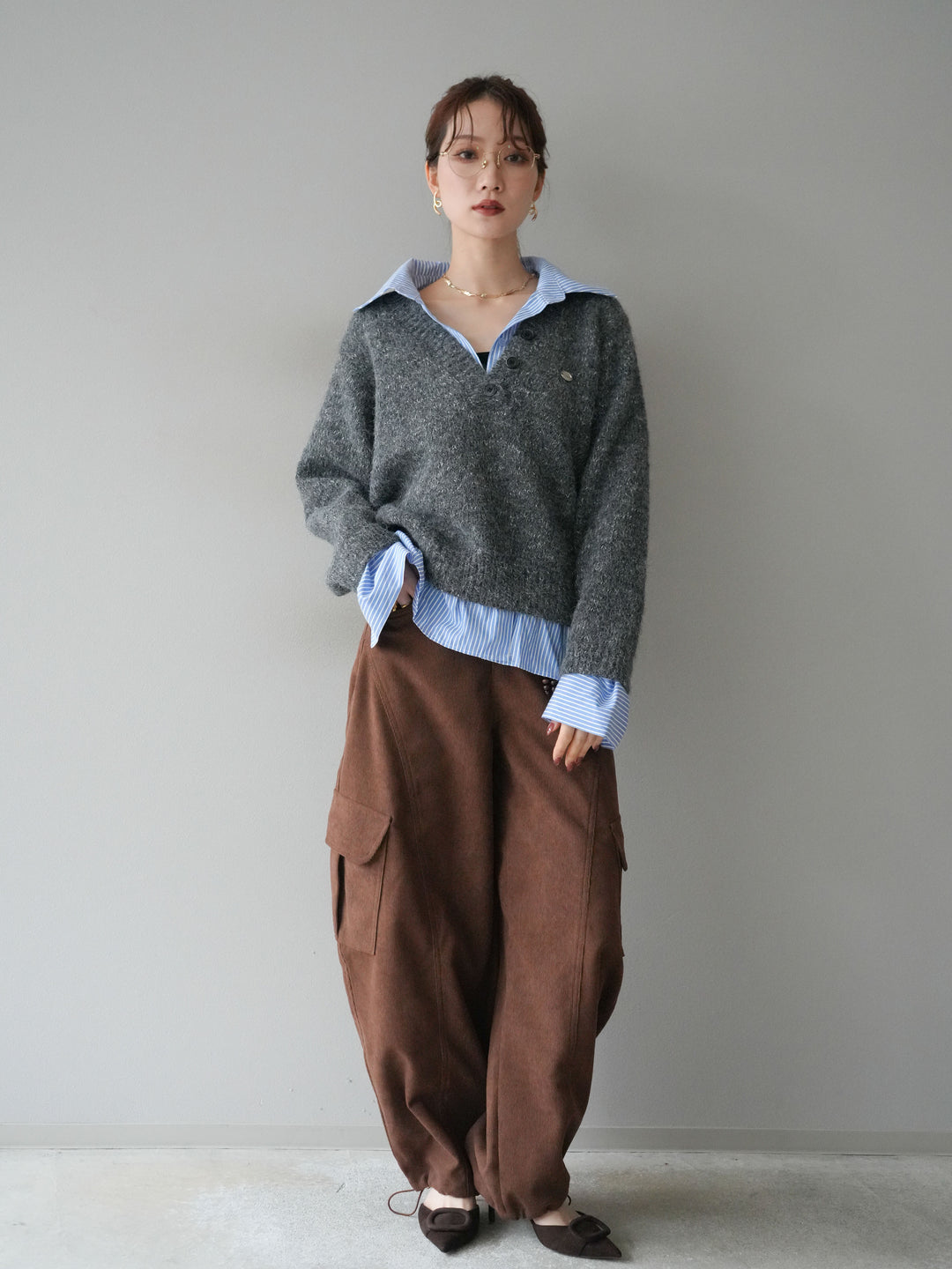 [予約]ストライプシャツドッキングMIXヤーンニットプルオーバー/charcoal