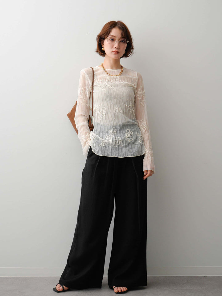 [予約]コード刺繍シアーロングスリーブトップス/ivory