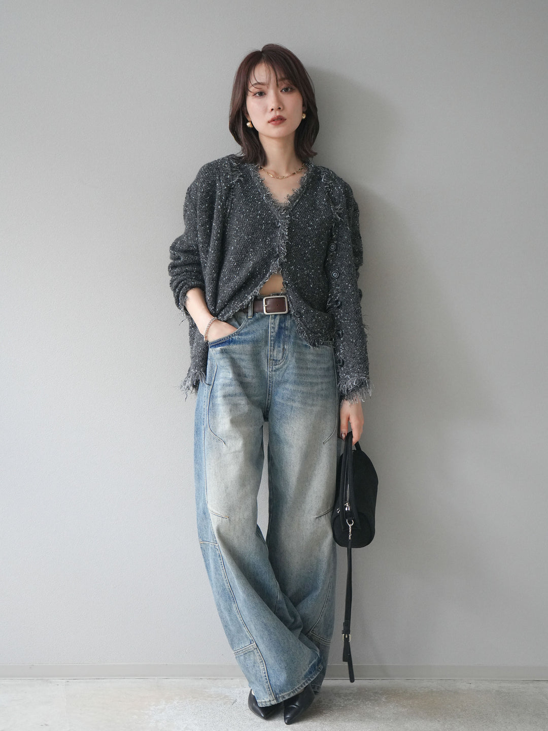 [予約]ネップフリンジニットカーディガン/ gray