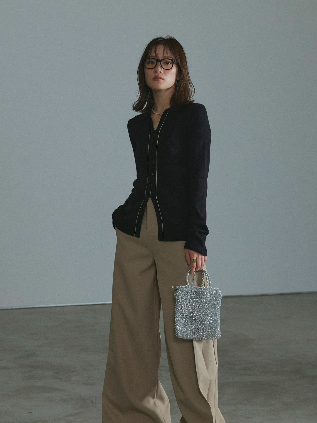 [予約]リブ配色ラインポロニットカーディガン/black