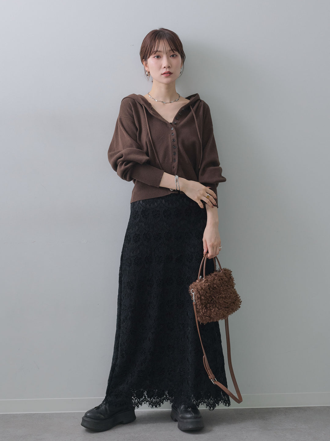 [予約]ボリュームスリーブフードニットカーディガン/brown