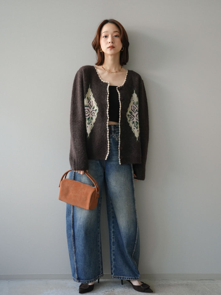 [予約]アンティークフラワージャガードニットカーディガン/brown