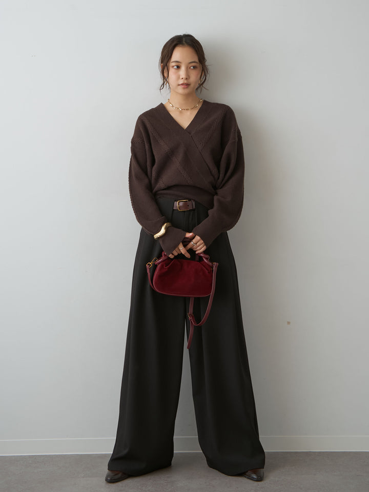 [予約]カシュクールミックスケーブルニットトップス/brown