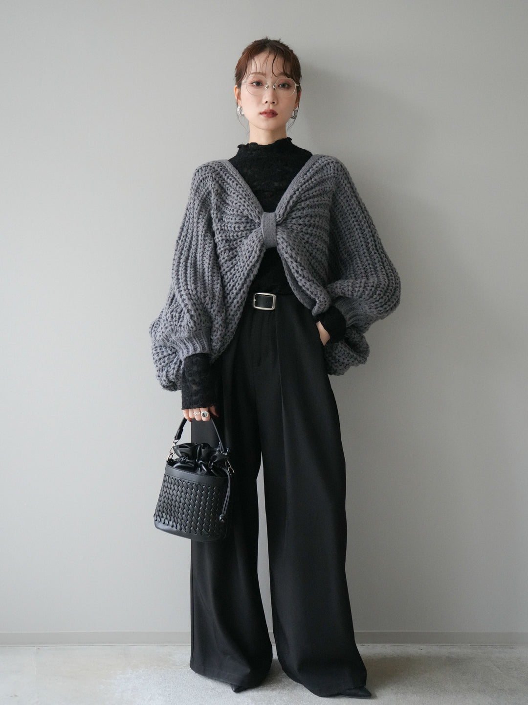 [SET]ローゲージ畦編みドルマンニットボレロ+起毛レースプチネックトップス+ベルトループデザインワイドパンツM(3set)