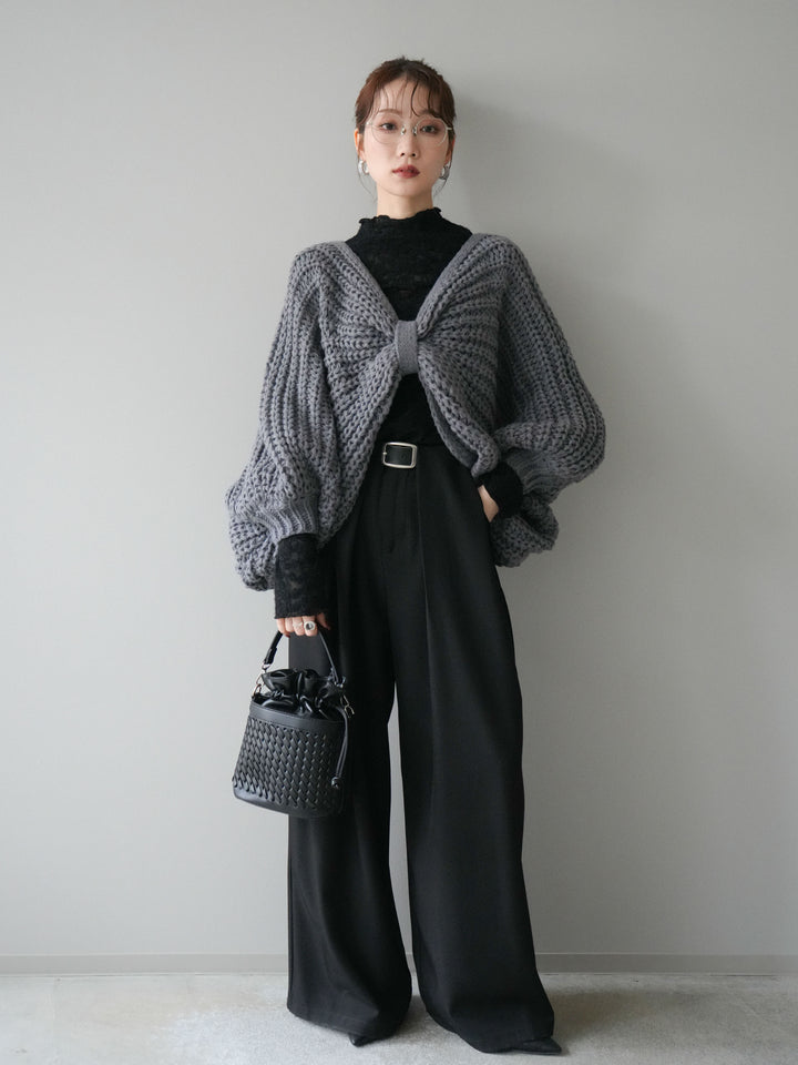 [SET]ローゲージ畦編みドルマンニットボレロ+起毛レースプチネックトップス+ベルトループデザインワイドパンツM(3set)