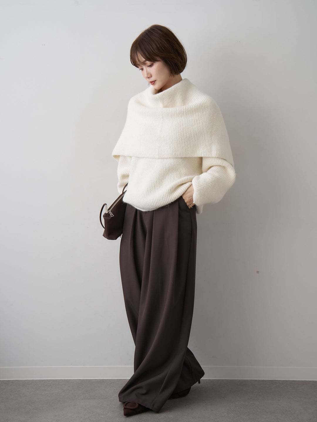 [予約]ケープドッキングデザインリブクルーネックニットトップス/ivory