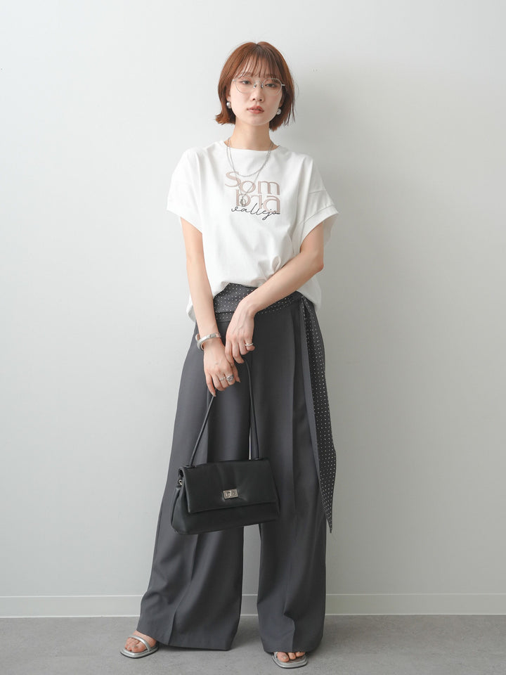 [SET]立体ロゴエンボスTEE +ビジューベルトタックワイドパンツ(2set)
