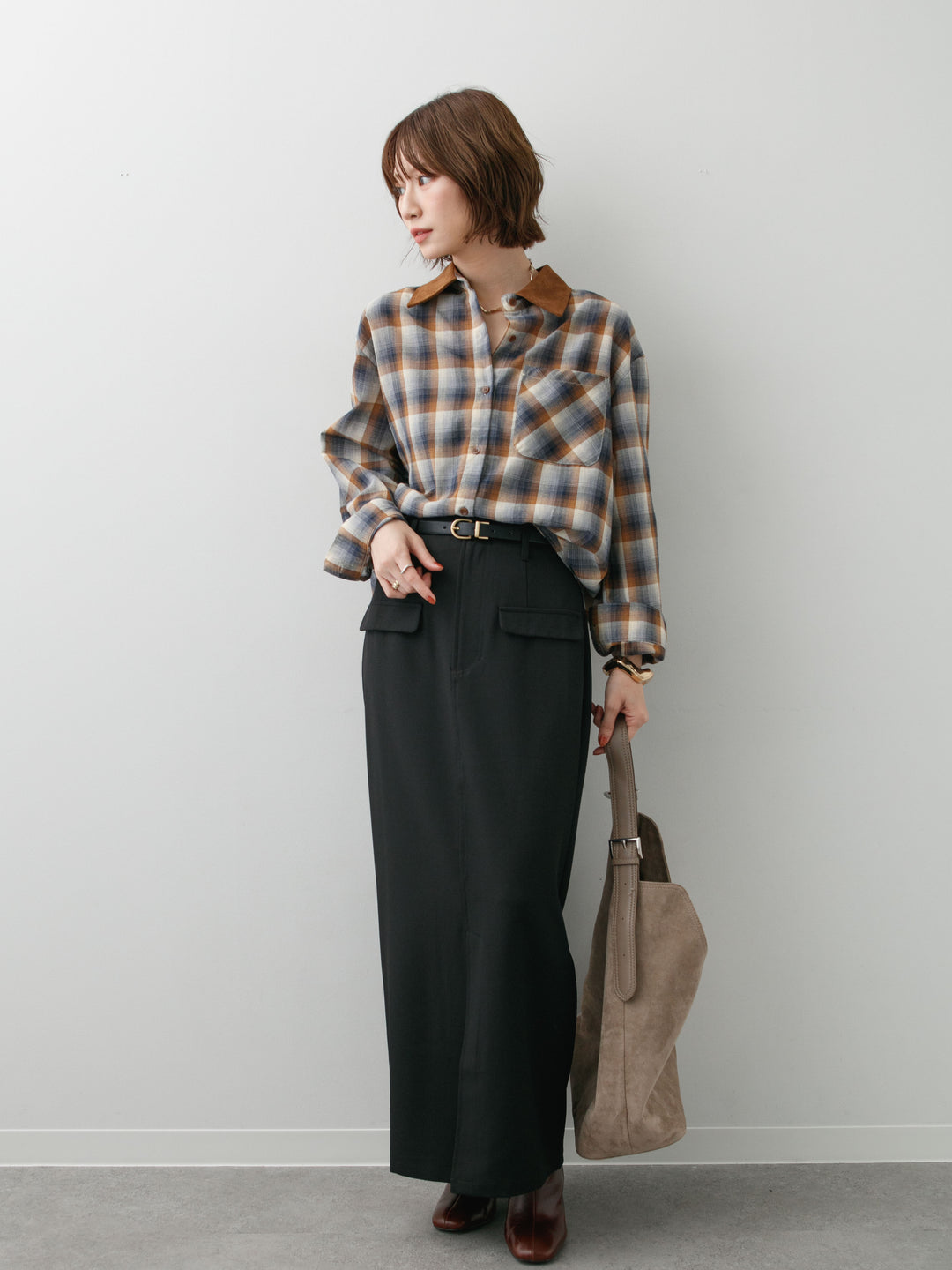 [SET]チェックオーバーシャツ+クレープデシンフラップ付きストレートスカート(2set)