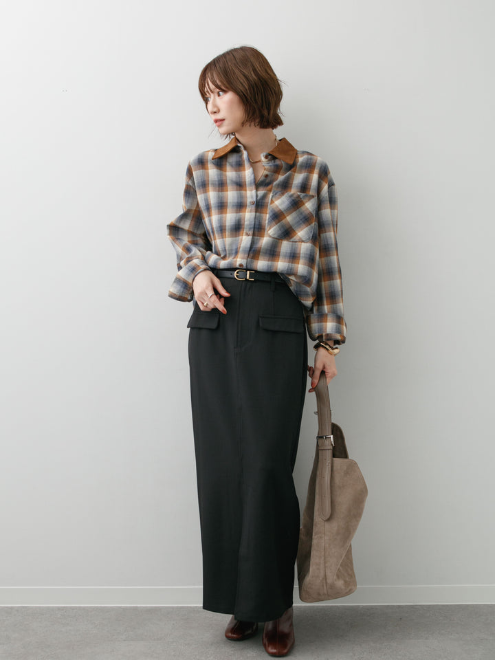 [SET]チェックオーバーシャツ+クレープデシンフラップ付きストレートスカート(2set)