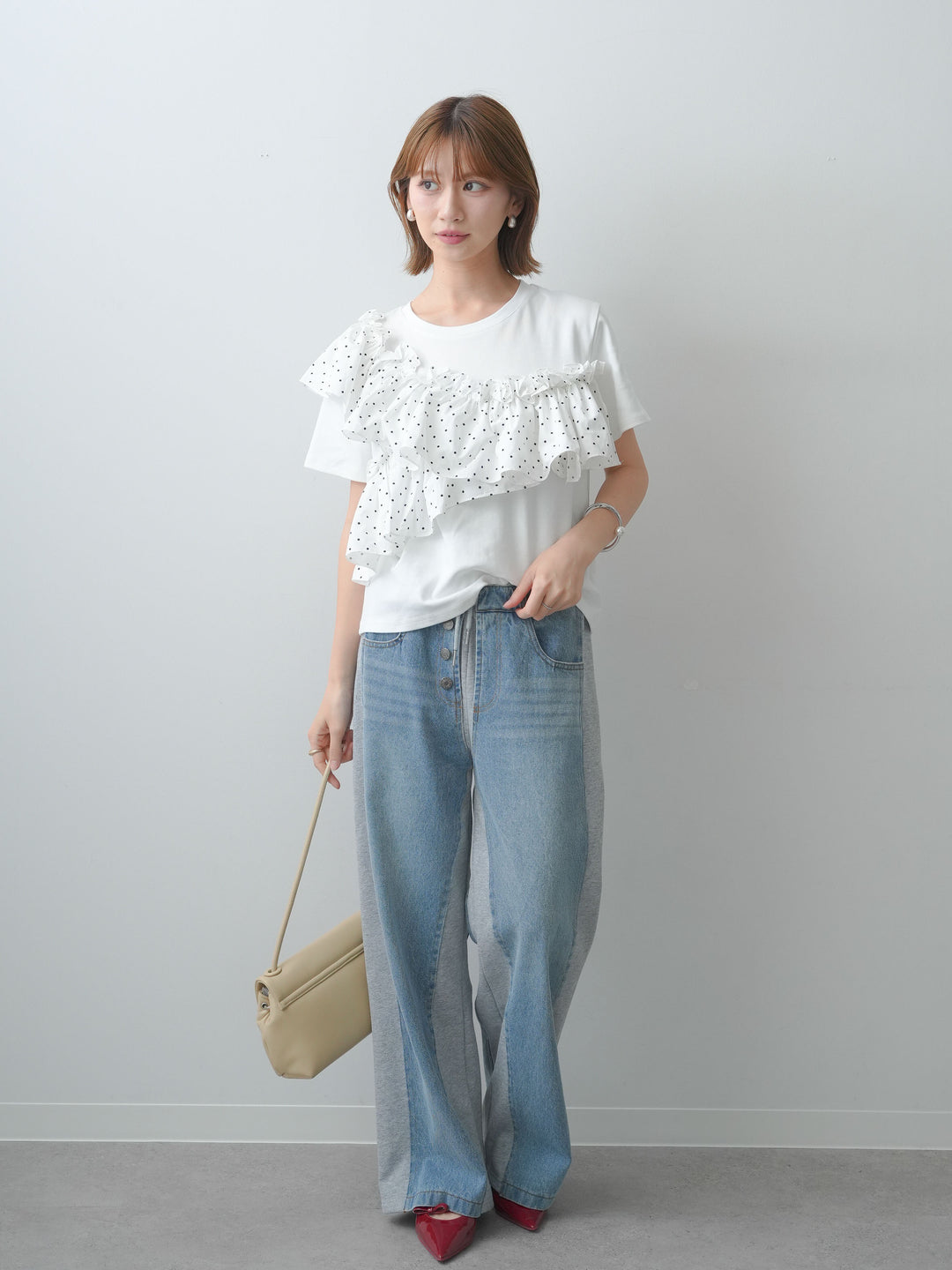 [SET]ドットギャザーフリルデザインTEE+デニム切替スウェットパンツ(2set)