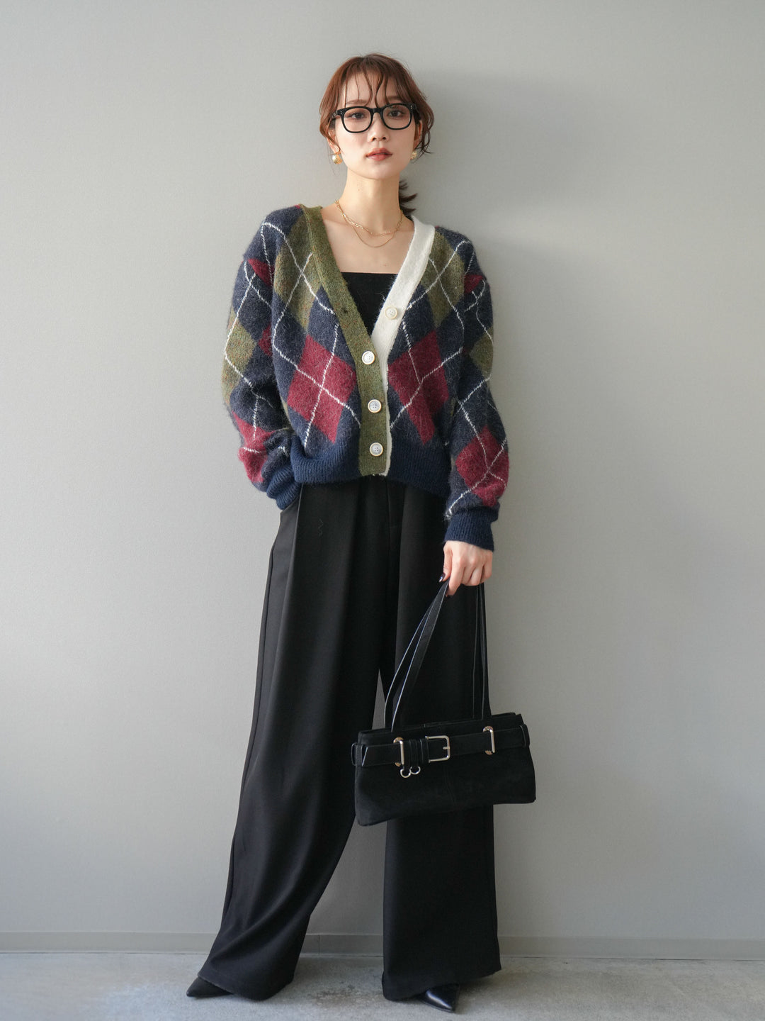 [予約]配色アーガイル柄ニットカーディガン/green