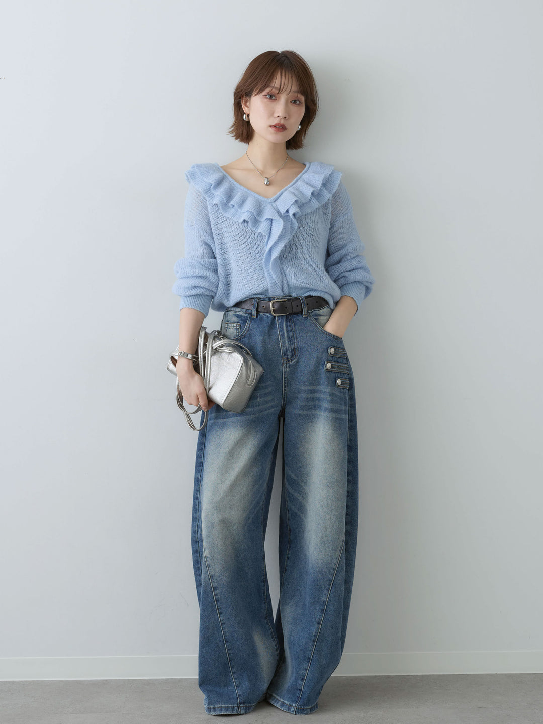 [SET]フリルネックモヘアニットトップス+ナポレオンカーブデニム(2set)