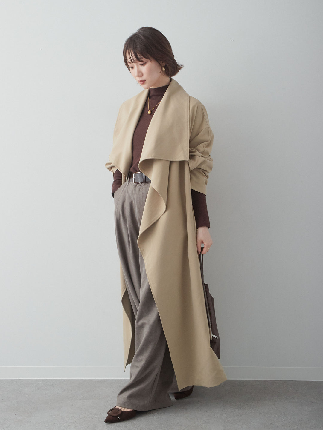[予約]アシメドレープカラーロングコート/beige