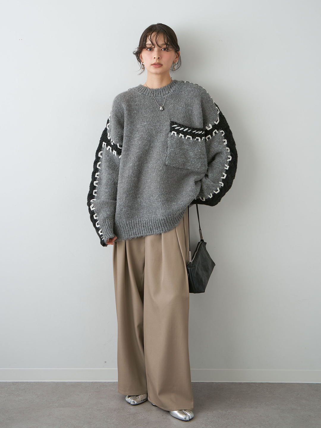 [SET]ハンドステッチデザインニットトップス+ツイルタックワイドパンツ(2set)