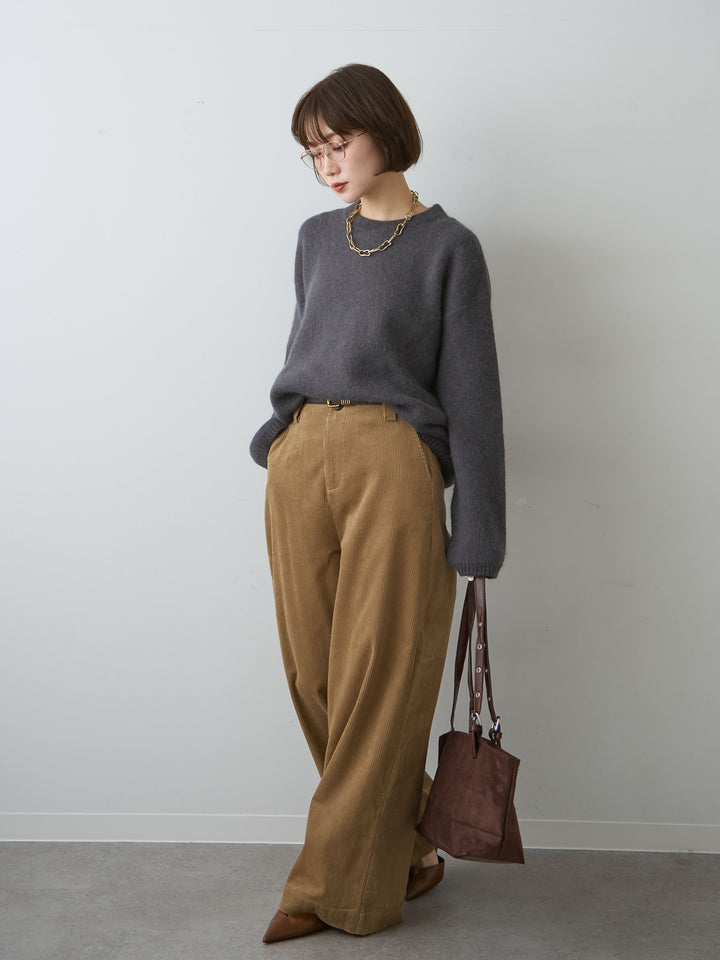 [SET]ソフトシャギークルーネックプルオーバー+ベルト付コーディロイワイドストレートパンツ(2set)