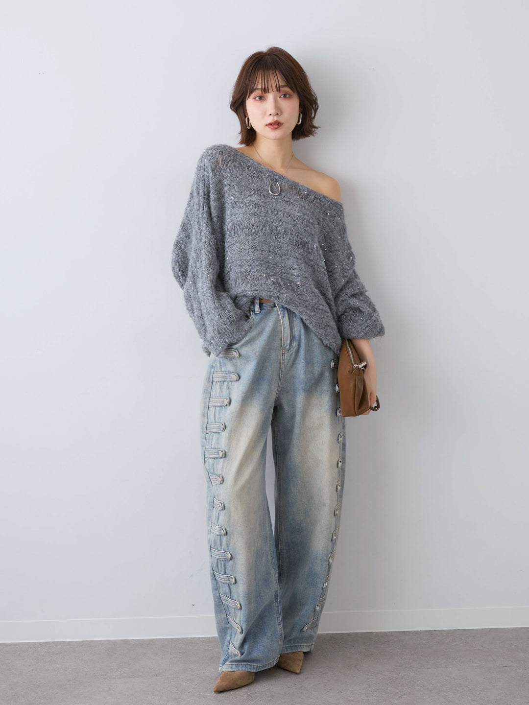 [予約]ミックス透かし編ワイドネックニットトップス/gray