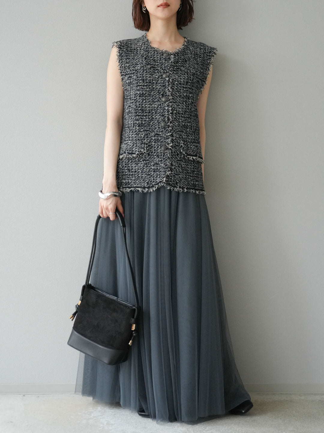 [予約]ミックスツイードフリンジニットベスト/ブラック