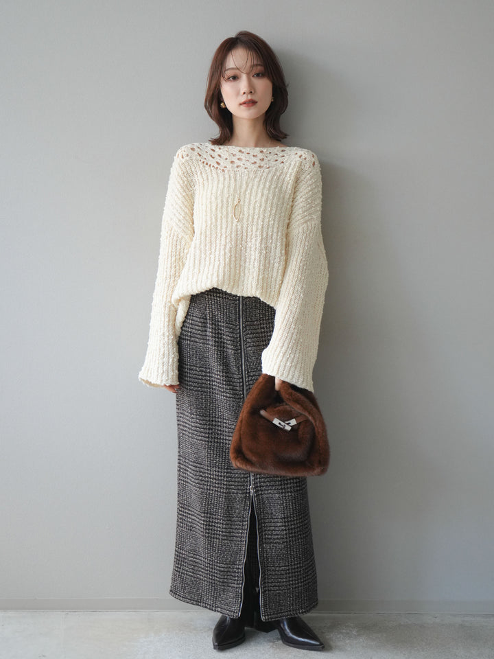 [予約]ボートネック透かし編みニットプルオーバー/white