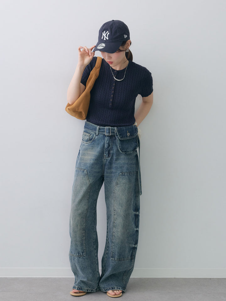 [予約]ヘンリーケーブルハーフニットトップス/blue