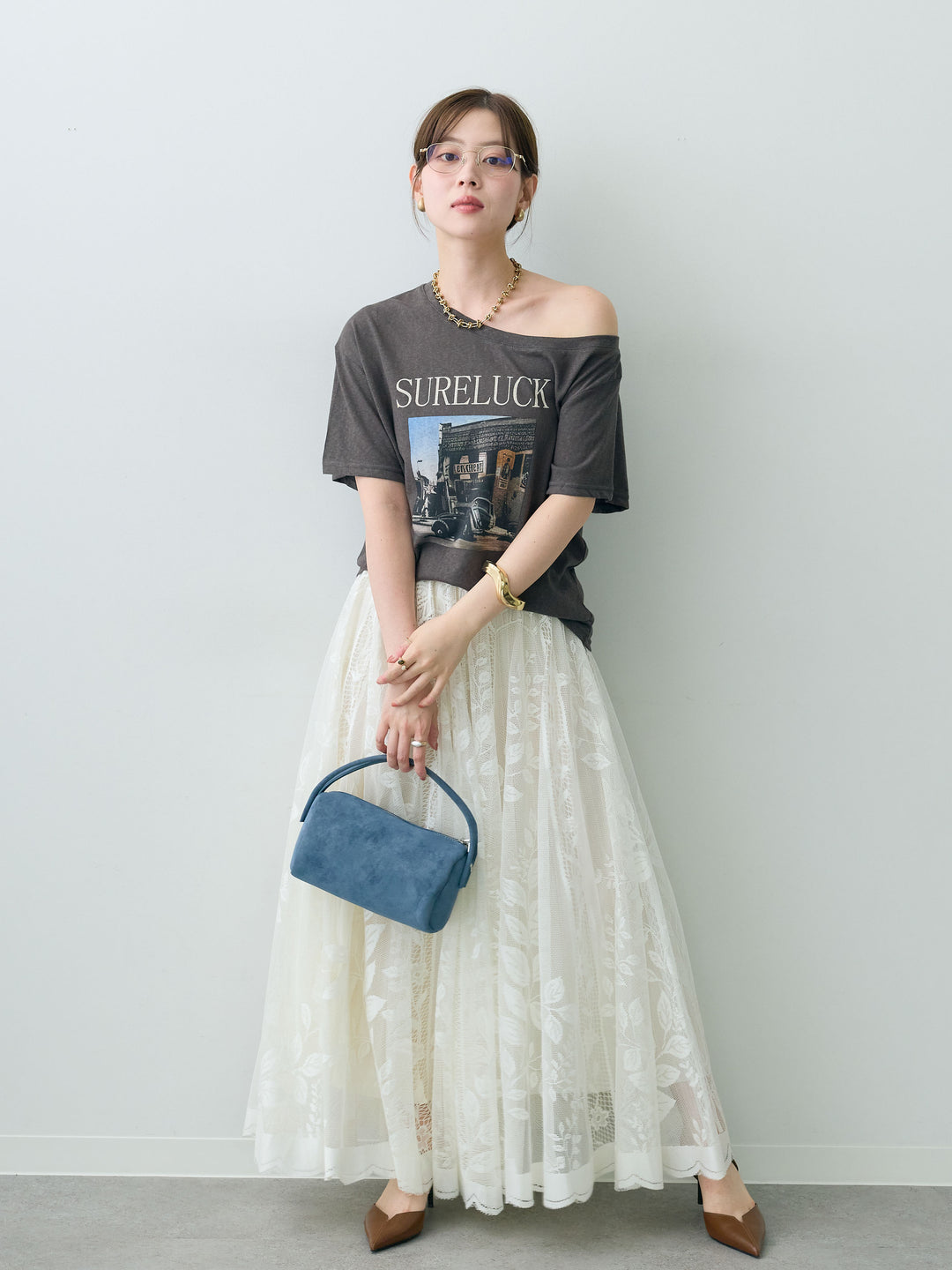 [SET]ワイドネックプリントTEE+ボタニカルパネルレースフレアスカート(2set)