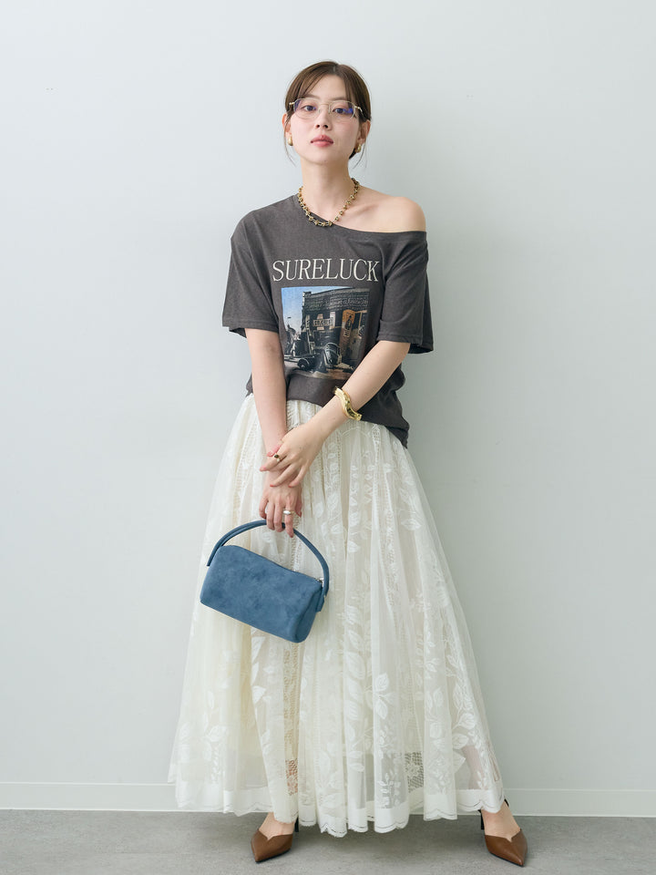 [SET]ワイドネックプリントTEE+ボタニカルパネルレースフレアスカート(2set)