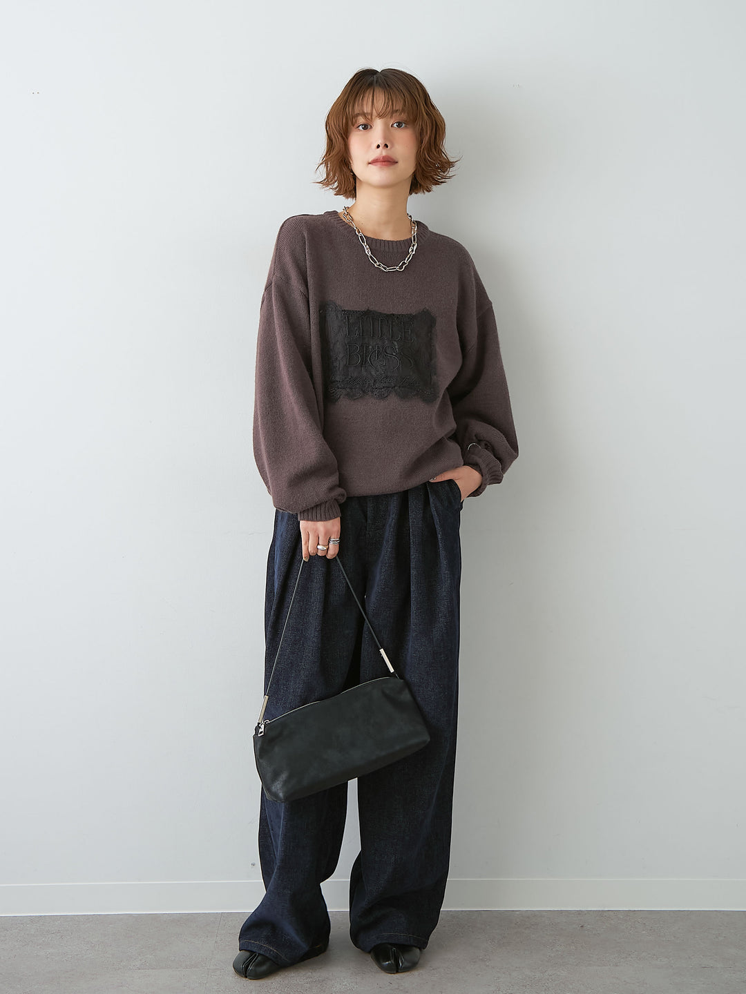 [SET]アルパカタッチ刺繍レースロゴニットプルオーバー+ベロアデニムタックワイドパンツ(2set)