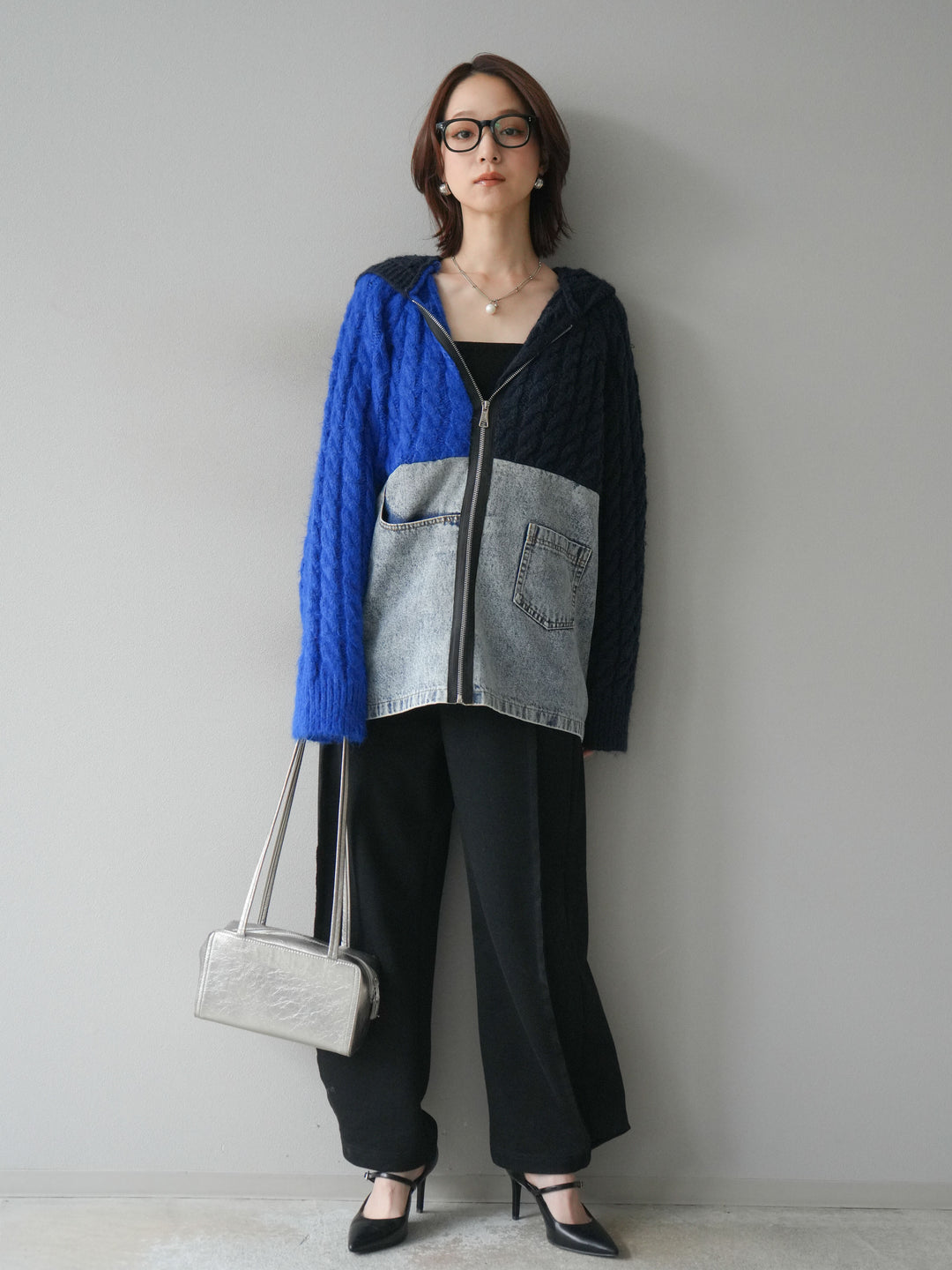 [予約]デニム×バイカラーニットZIPフーディ/blue