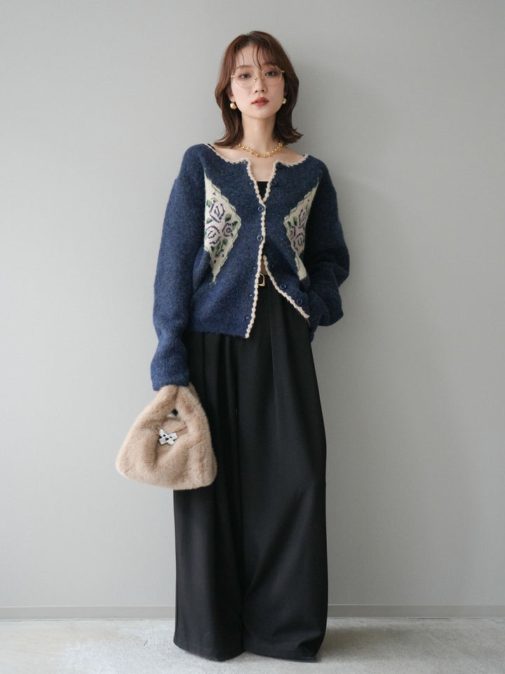 [予約]アンティークフラワージャガードニットカーディガン/navy