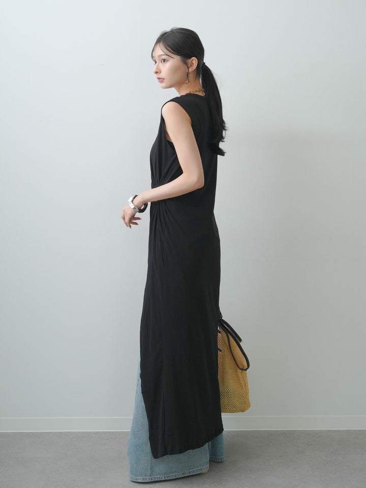 [予約]リングギャザースリットワンピース/black
