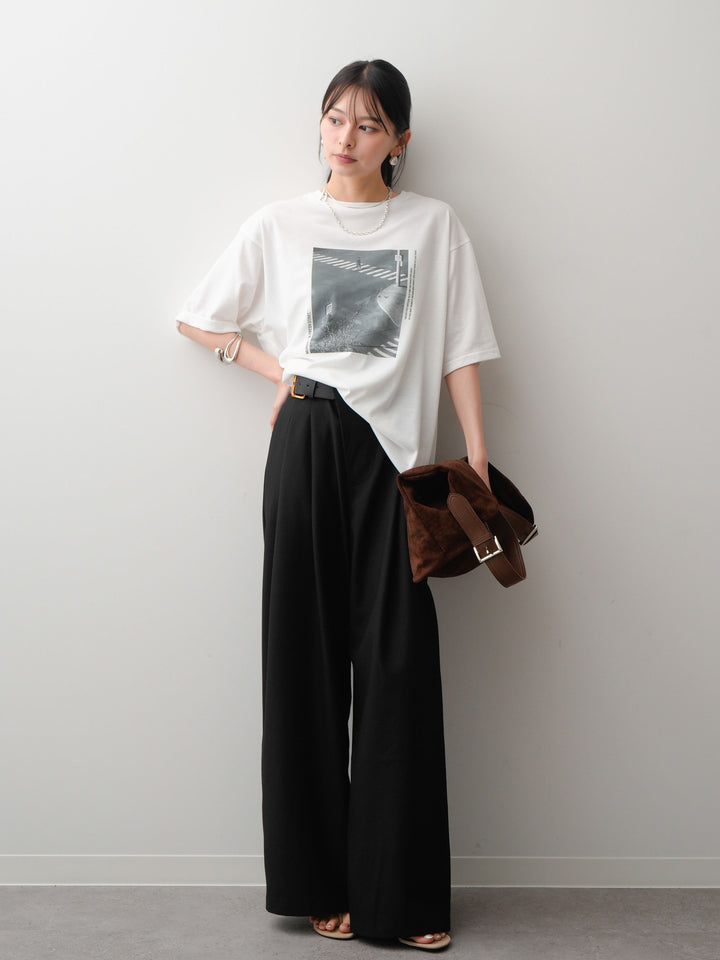 [SET]フォトプリントロゴTEE+アシンメトリーベルトタックワイドパンツ(2set)