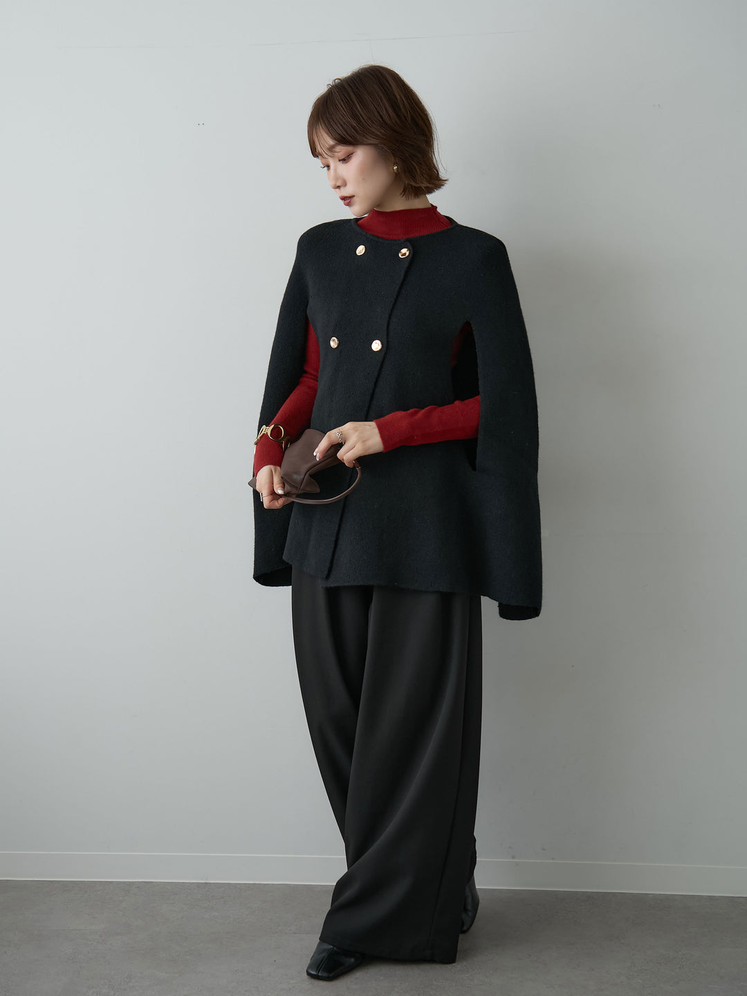 [SET]ゴールドボタンニットケープコート+ベルトループデザインワイドパンツ(2set)