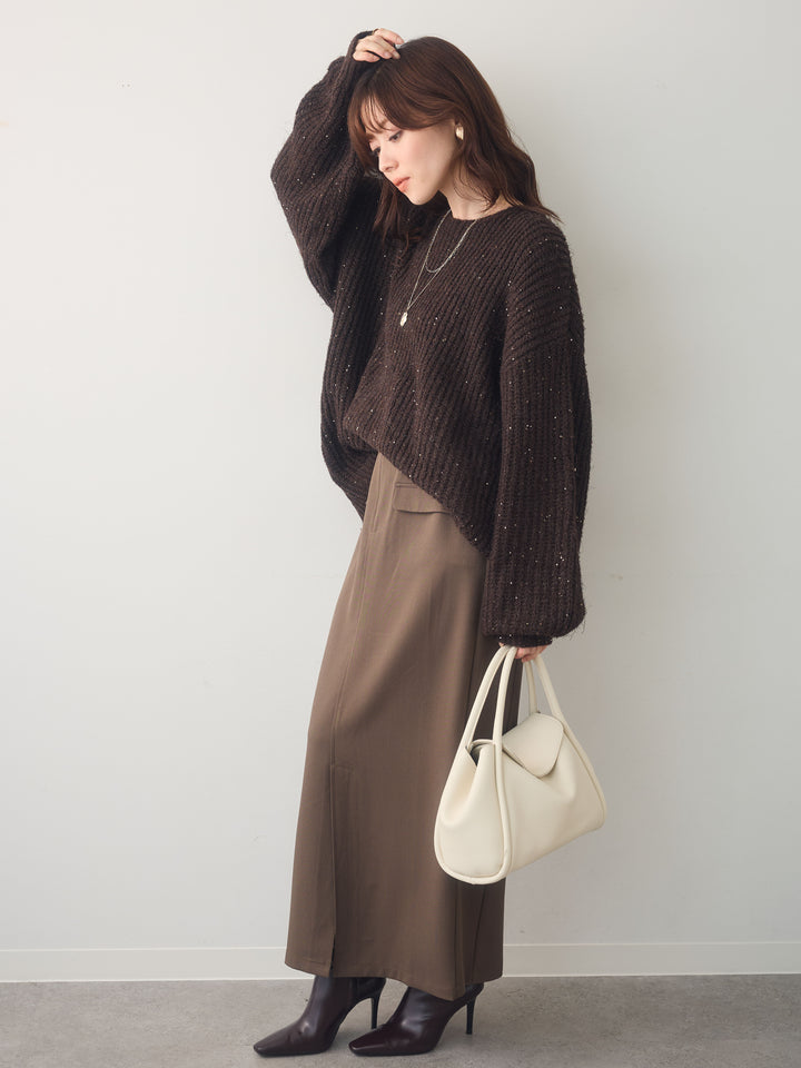 [予約]バルーンスリーブスパンリブニットトップス/brown