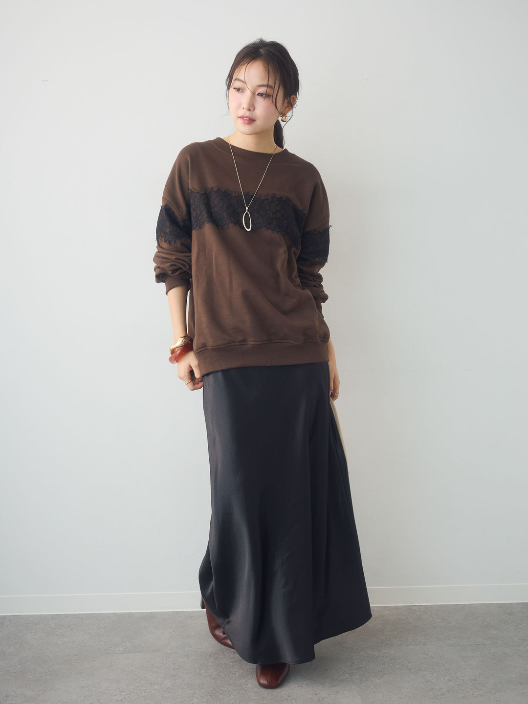 [予約]裏毛レースドッキングプルオーバー/brown