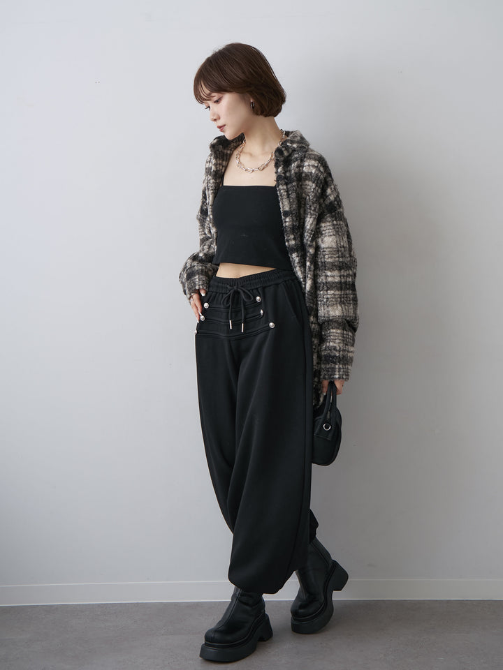 [SET]ブークレチェックオーバーシャツ+カップ付テレコリブベアキャミソール+ナポレオンドロストスウェットパンツ(3set)
