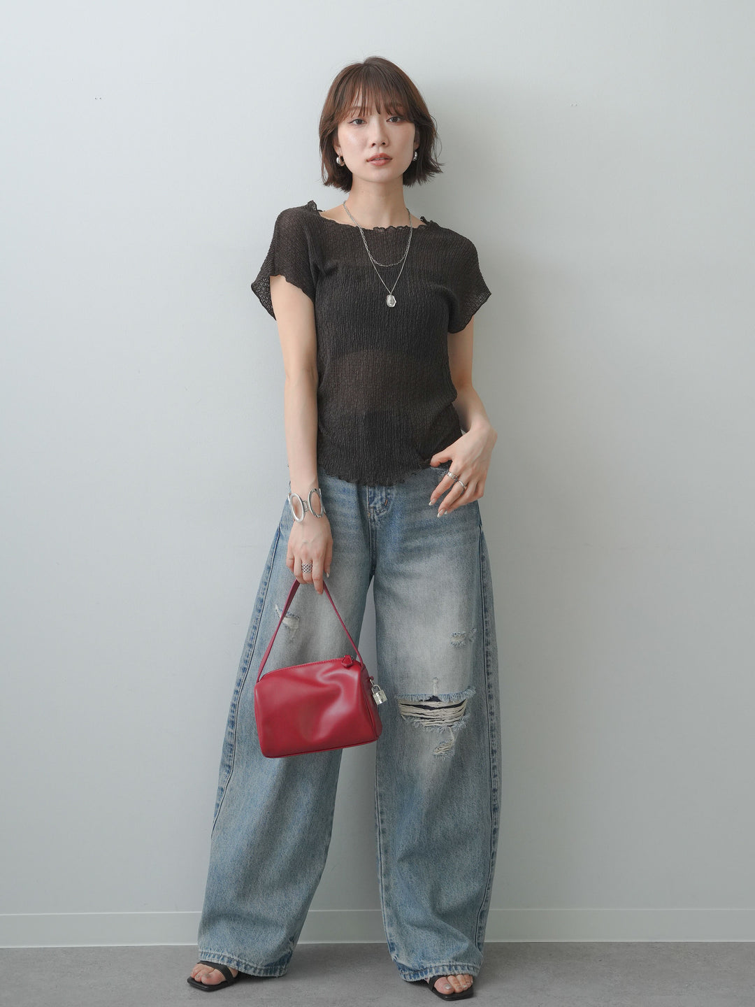 [SET]シャーリングシアーバックオープンフレンチトップス+選べるアクセセット(2set)
