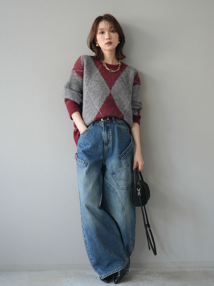 [予約]アーガイルオーバーニットプルオーバー/bordeaux