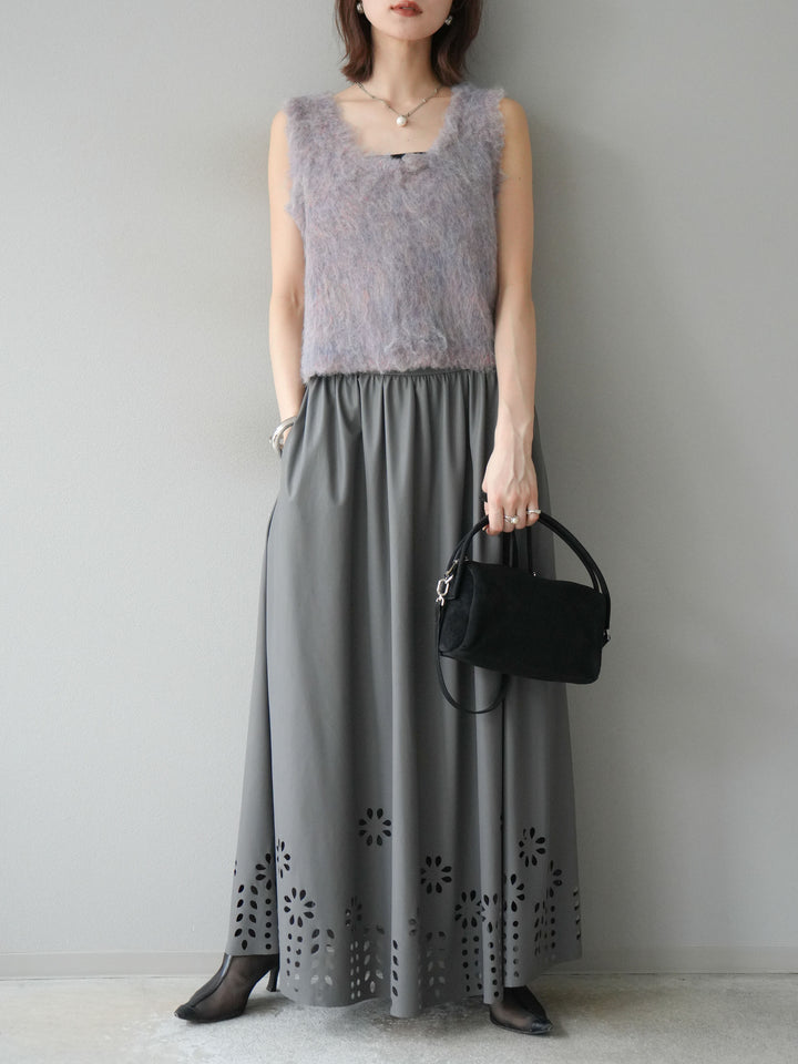 [予約]フラワーパンチングレザースカート/グレー