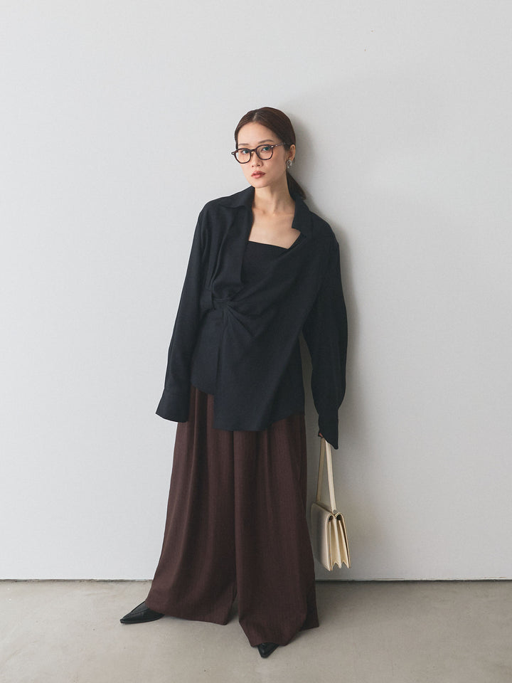 【Allure】[SET]ドレープデザインシャツ+ウールライクストライプワイドパンツ(2set)