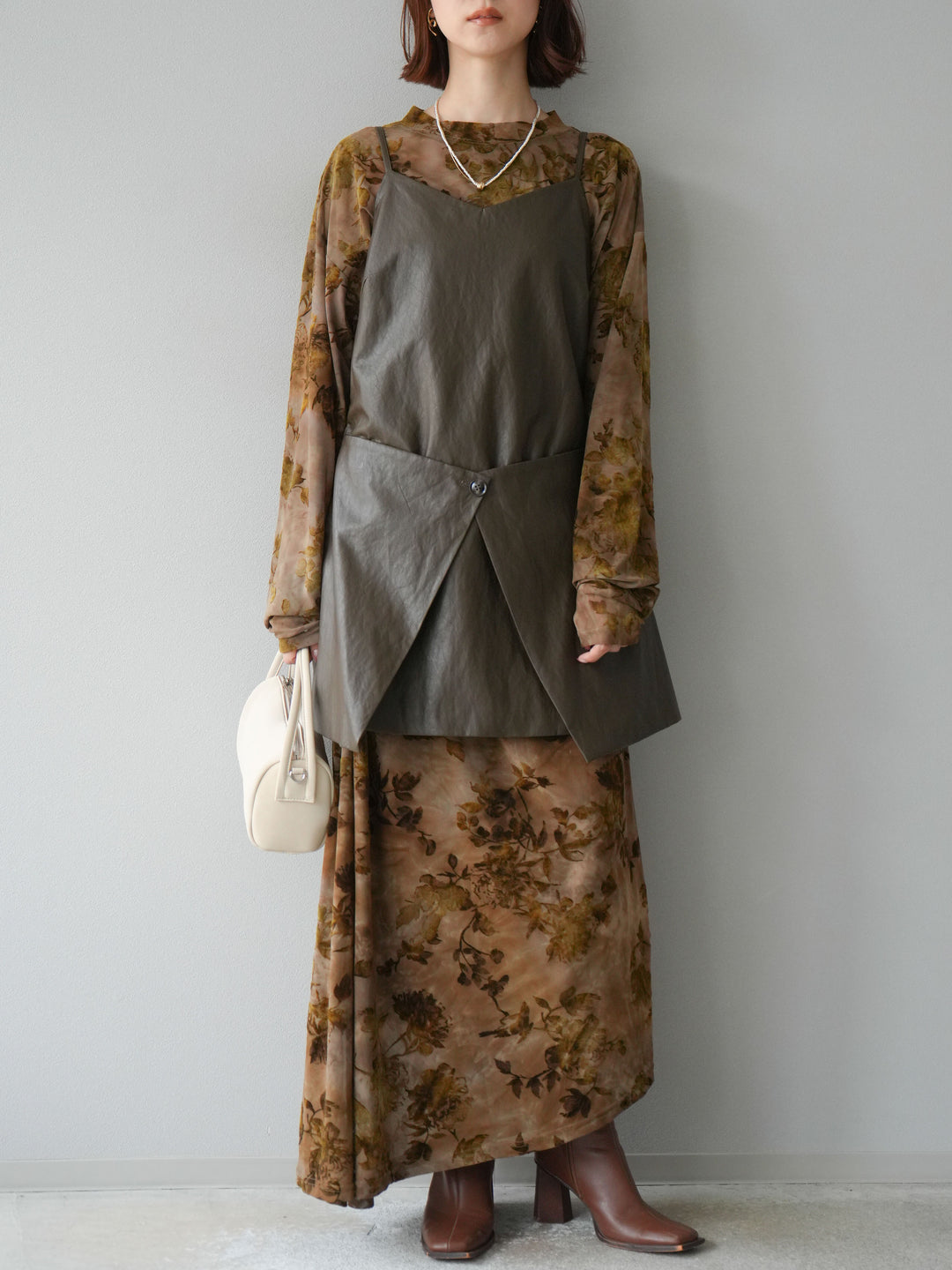 [予約]レイヤードレザーキャミソールチュニック/ブラウン