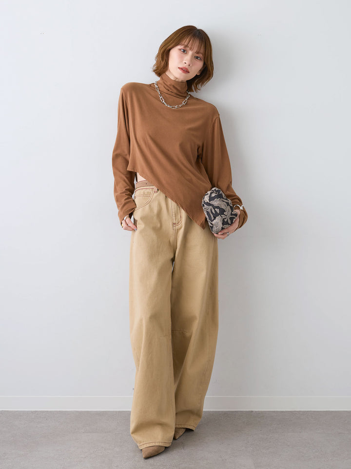 [SET]モックネックアシメヘムトップス+カラーステッチワイドパンツ(2set)