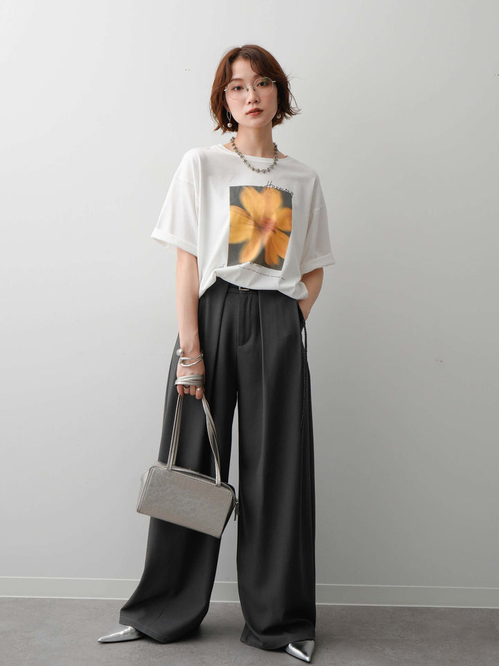 [SET]フラワーフォトTEE+ベルトループデザインワイドパンツ(2set)
