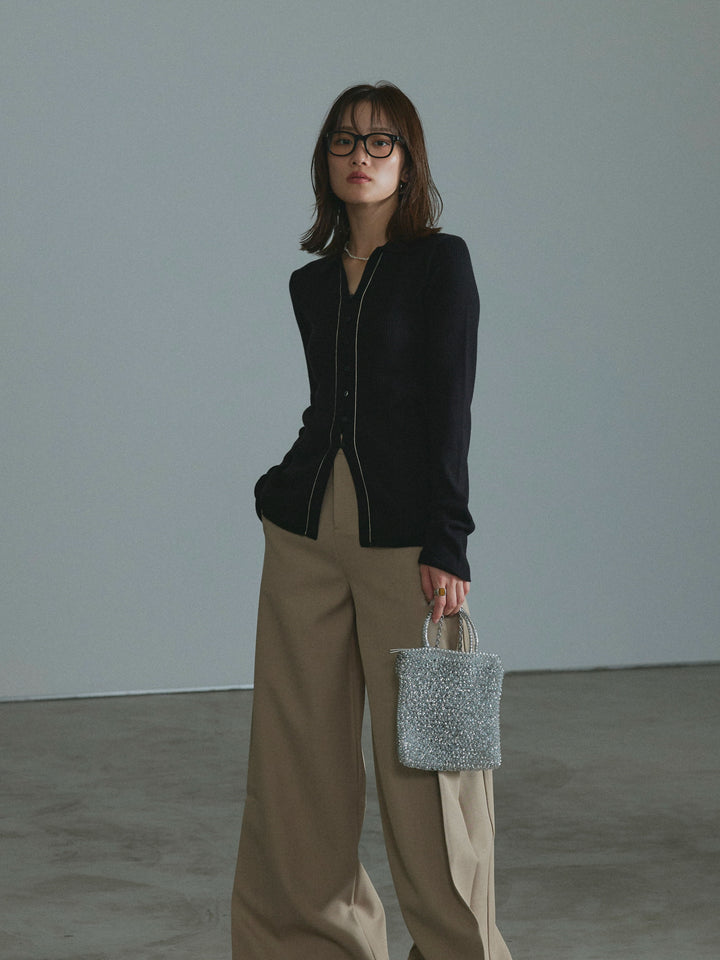 【Allure】[SET]リブ配色ラインポロニットカーディガン+サイドタックワイドパンツ(2set)