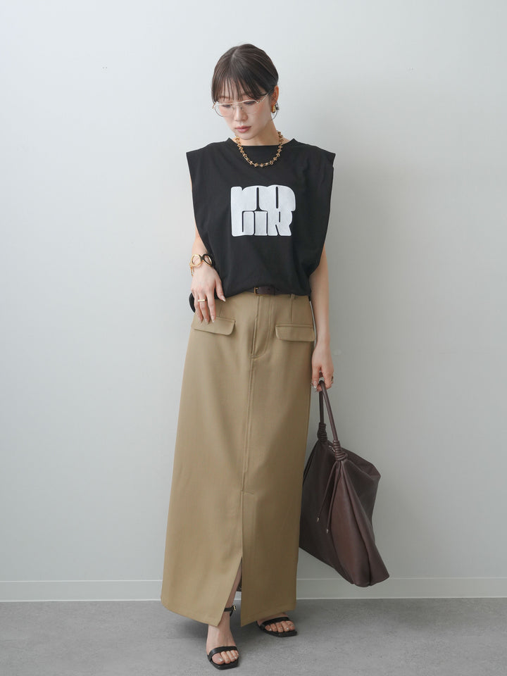 [SET]ショルダータックノースリーブオーバーTEE+ショルダータックノースリーブオーバーTEE+クレープデシンフラップ付きストレートスカート(3set)