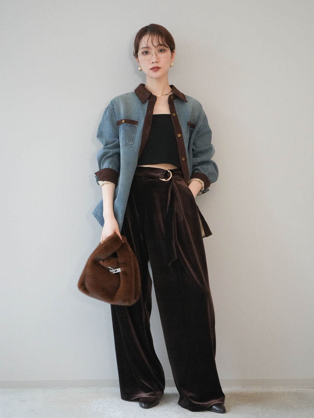 [予約]ベロアベルトスリムパンツ/brown