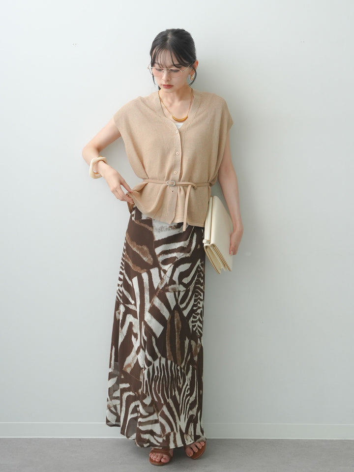 [予約]ベルト付フロントボタンノースリニットトップス/beige