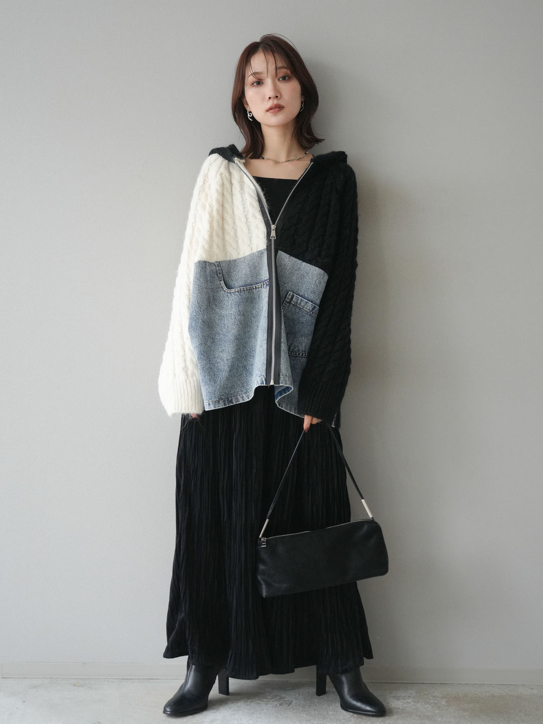 [予約]デニム×バイカラーニットZIPフーディ/black