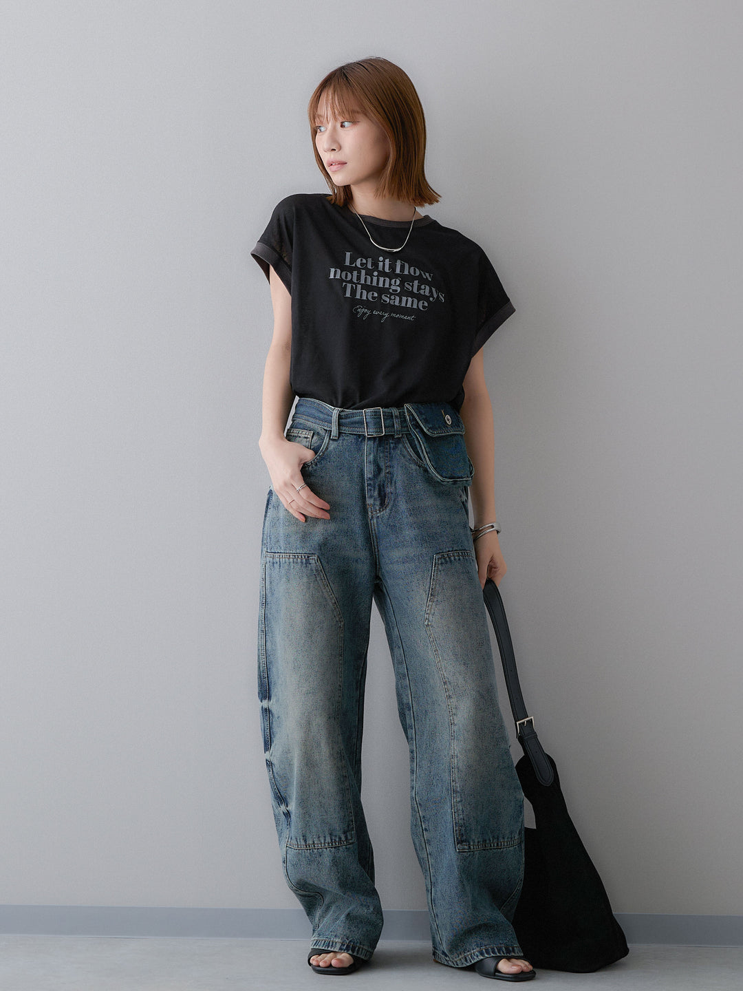 [SET]シアースラブバイカラーフレンチTEE+マルチポーチ付立体カーブデニム(2set)