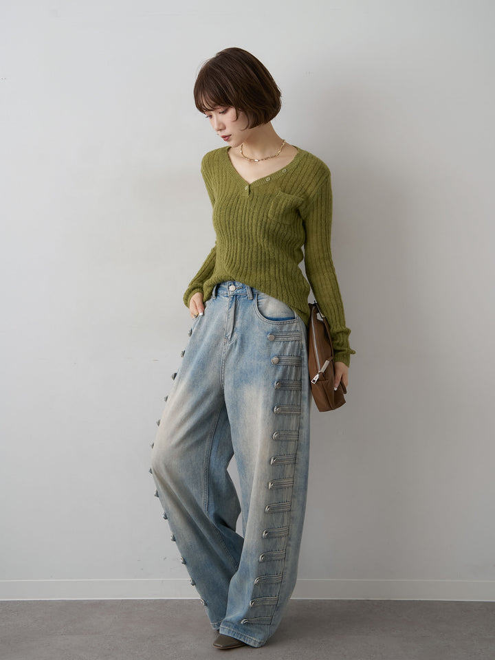 [SET]ネックボタンスリムリブVニットトップス+ナポレオンライトウォッシュワイドデニム(2set)